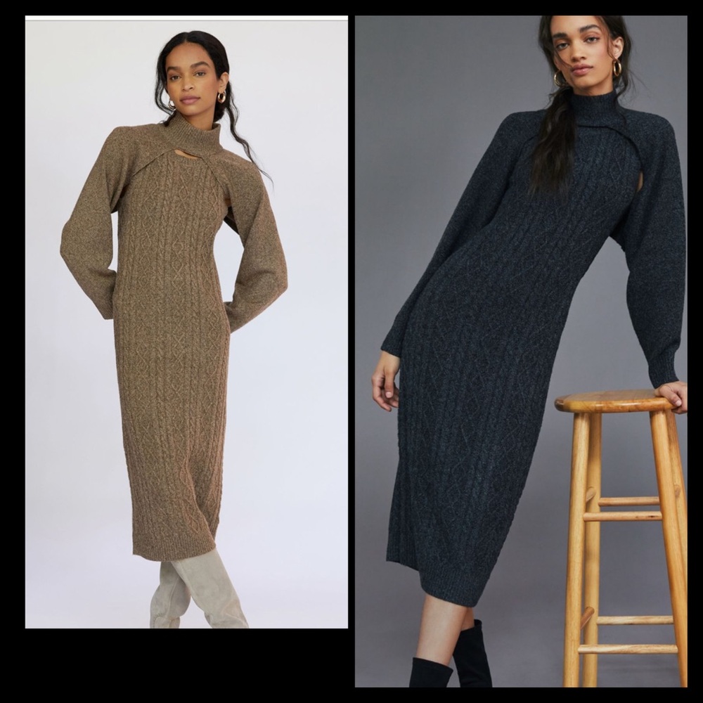 Anthropologie BLACK Cable Knit Midi Sweater Dress and Shrug Set xs